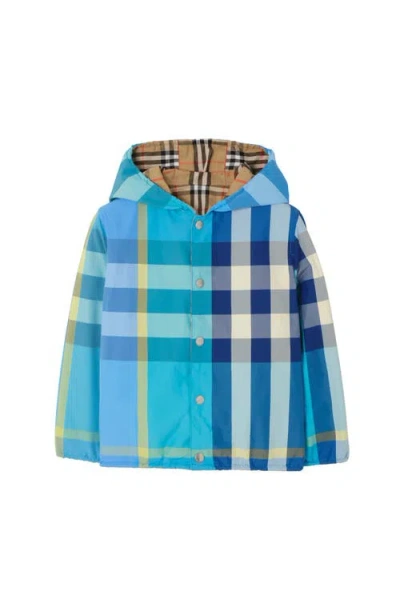 Burberry Kids'  Reversible Check Nylon Hooded Jacket In Blue