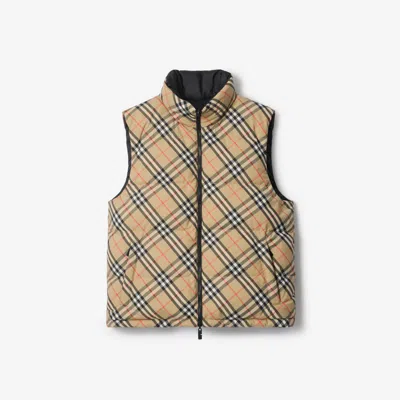 Burberry Beige Sleeveless Reversible Down Jacket With High Neck And All-over Check Motif In Tech Fabric Man In Neutral