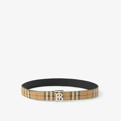Burberry Check And Leather Reversible Tb Belt In Archive Beige/silver