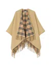 Burberry Wool Reversible Cape Mid Length Check Fringe In Brown