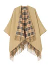 Burberry Wool Reversible Cape Mid Length Check Fringe In Brown