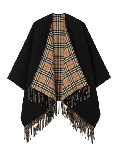 Burberry Reversible Check Wool Capelet In Black
