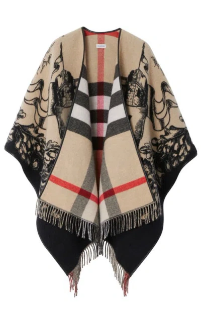 Burberry Reversible Ekd Check Wool Cape In Archive Beige