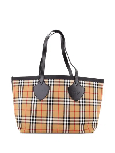 Pre-owned Burberry Reversible Giant Vintage Check Canvas Large Tote Bag In Brown