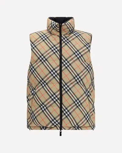 Burberry Beige Sleeveless Reversible Down Jacket With High Neck And All-over Check Motif In Tech Fabric Man In Neutral