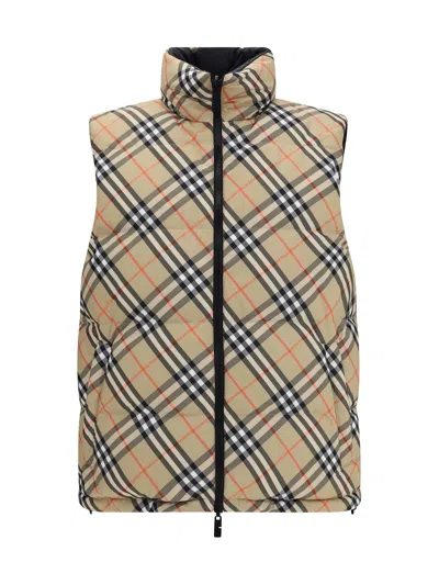 Burberry Beige Sleeveless Reversible Down Jacket With High Neck And All-over Check Motif In Tech Fabric Man In Neutral