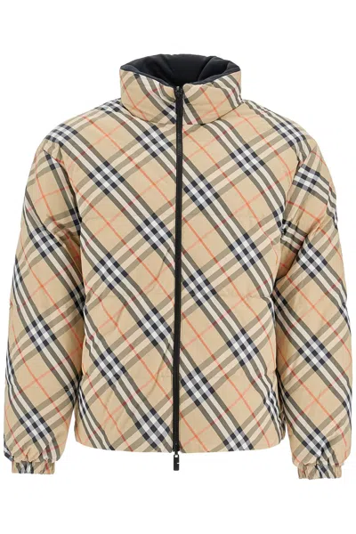 Burberry Beige Reversible Down Jacket With All-over Check Motif In Tech Fabric Man In Multi