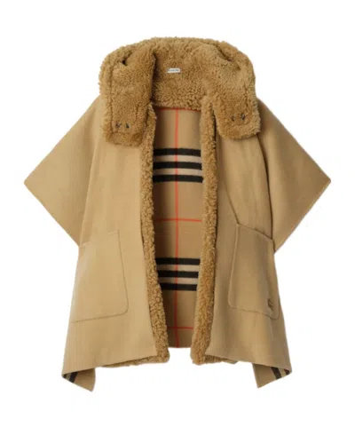 Burberry Reversible Shearling Trim Check Cashmere Cape In Brown