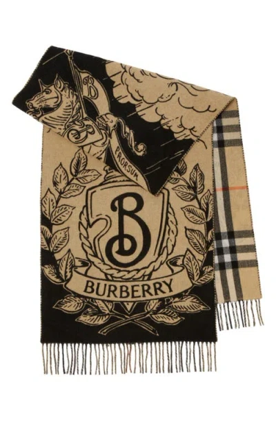 BURBERRY BURBERRY REVERSIBLE STORMY KNIGHT & CHECK CASHMERE FRINGE SCARF