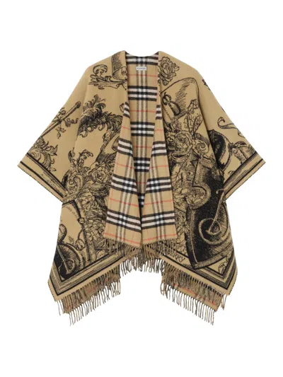 Burberry Reversible Wool Cape With Etched Knight In Brown