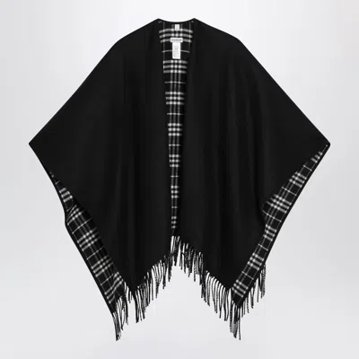 Burberry Reversible Wool Check Cape With Fringes In Black In Multi