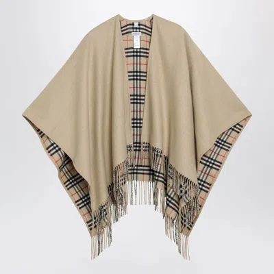 Burberry Reversible Wool Check Cape With Fringes In Sand Beige In Neutral