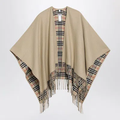 Burberry Reversible Wool Check Cape With Fringes In Sand Beige In Neutral