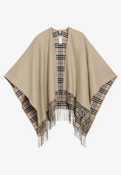Burberry Reversible Wool Check Fringed Cape In Beige