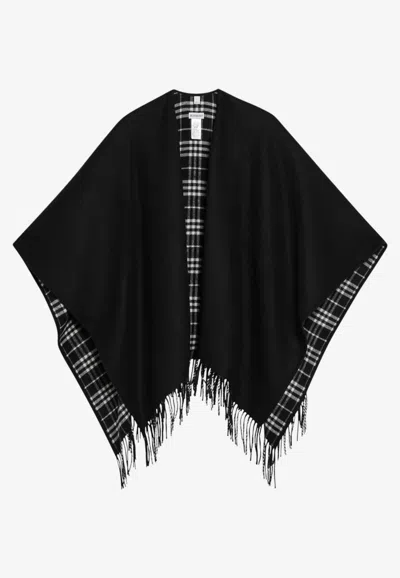 Burberry Reversible Wool Check Fringed Cape In Black