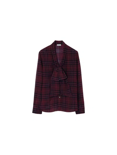 Burberry Rhiannon Silk Shirt With Check Print And Soft Bow Scarf In Purple