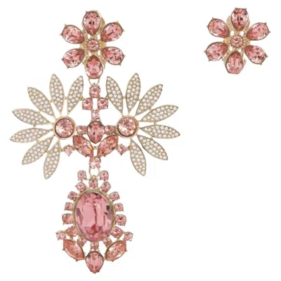 Pre-owned Burberry Rhinestone Flower Mismatched Cocktail Earrings In Coral Pink In Red
