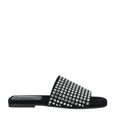Burberry Rhinestoneembellished Flat Slides In Black
