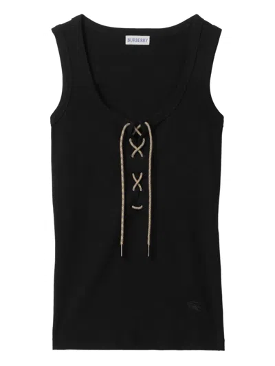 Burberry Ribbed Adjustable Drawstring Tank Top With Equestrian Knight Design In Black