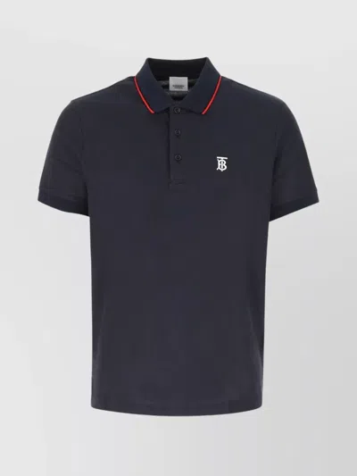 Burberry Ribbed Collar Polo Shirt With Short Sleeves In Blue