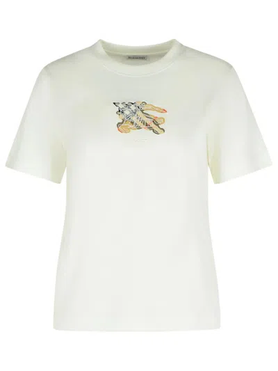 Burberry Ribbed Cotton T-shirt With Equestrian Motif And Logo Patch In Multi