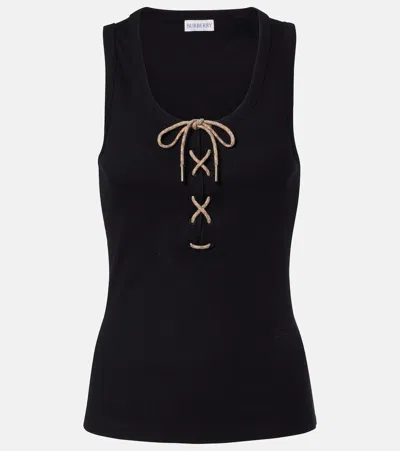 Burberry Lace-up Embroidered Ribbed Stretch-cotton Jersey Tank In Black
