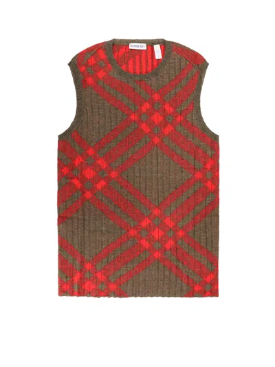 Burberry Ribbed Vest With Check Intarsia In Red