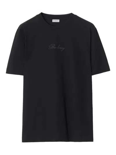 Burberry Rib-knit Crewneck T-shirt With Embroidered Lettering In Black