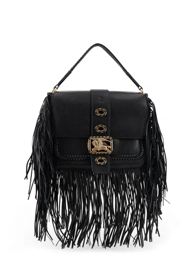 Burberry Rider Leather Shoulder Bag With Fringed Edges In Black