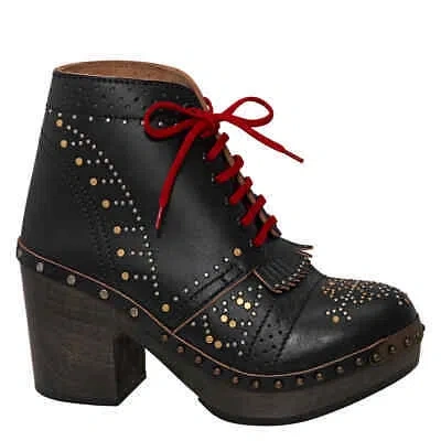 Pre-owned Burberry Riveted Antrim Leather Block-heel Clog Boots In Black