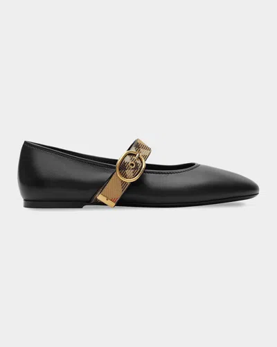 BURBERRY ROBIN CHECK-STRAP LEATHER BALLERINA FLATS