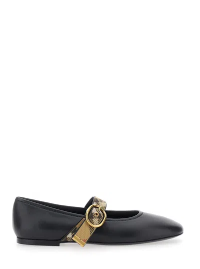 Burberry Robin Check-strap Leather Ballet Shoes With Buckle In Black