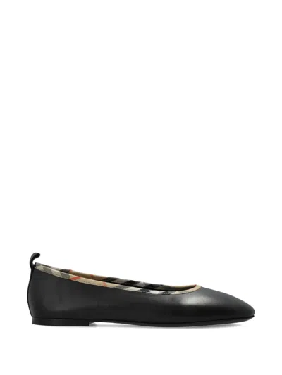 Burberry Robin Check-trim Leather Ballet Flats In Black
