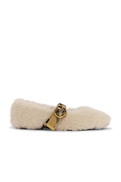Burberry Buckle-detailed Check-trimmed Shearling Ballet Flats In Neutral