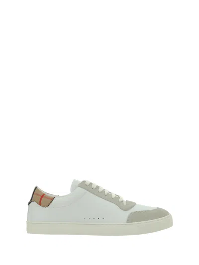 Burberry Check Print Lace-up Leather Sneakers In White