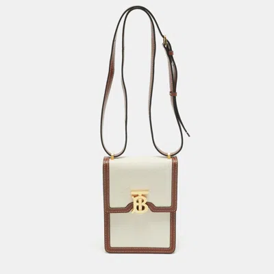 Pre-owned Burberry Robin White/tan Canvas And Leather Crossbody Bag