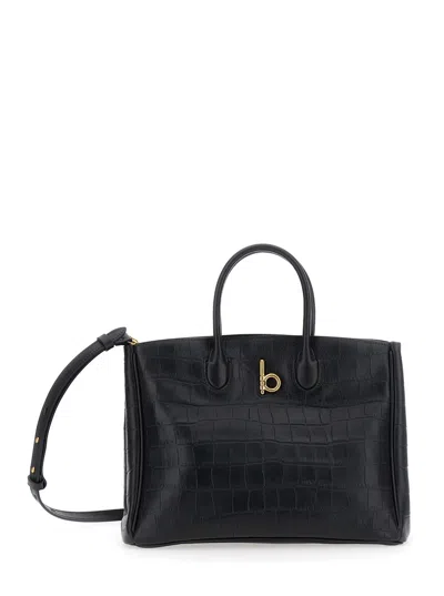 Burberry 'rocking Horse' Black Handbag With Logo Plaque On The Front And All-over Embossed Crocodile In Multicolor
