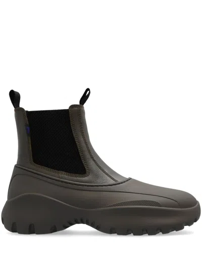 Burberry Dove Grey Leather And Rubber Chelsea Scoot Ankle Boots In Green