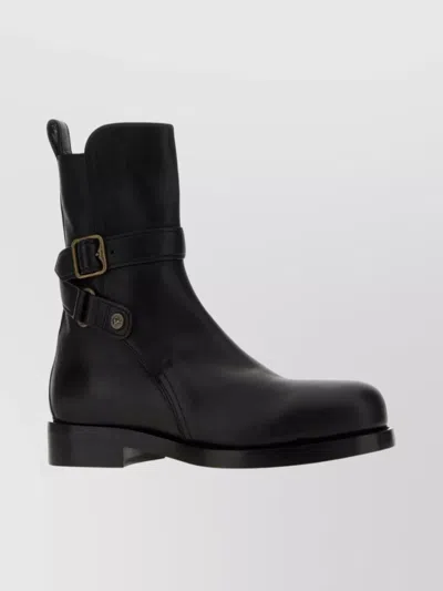 BURBERRY ROUND TOE LEATHER ANKLE BOOTS WITH PULL TAB