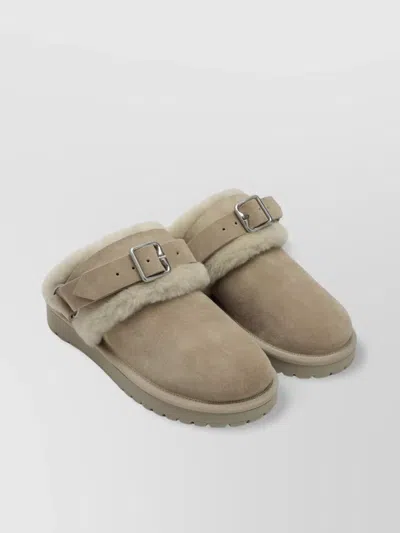 Burberry Round Toe Shearling Suede Mules