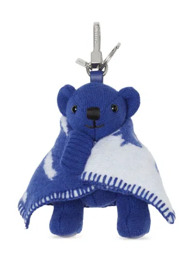 Burberry Royal Blue/off-white Wool-cashmere Blend Thomas Bear Key Holder In Black