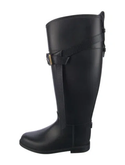 Pre-owned Burberry Rubber Leather Trim Embellishment Rain Boots In Black