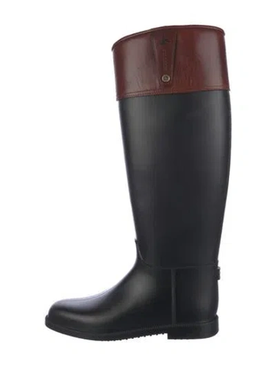 Pre-owned Burberry Rubber Leather Trim Embellishment Rain Boots In Black