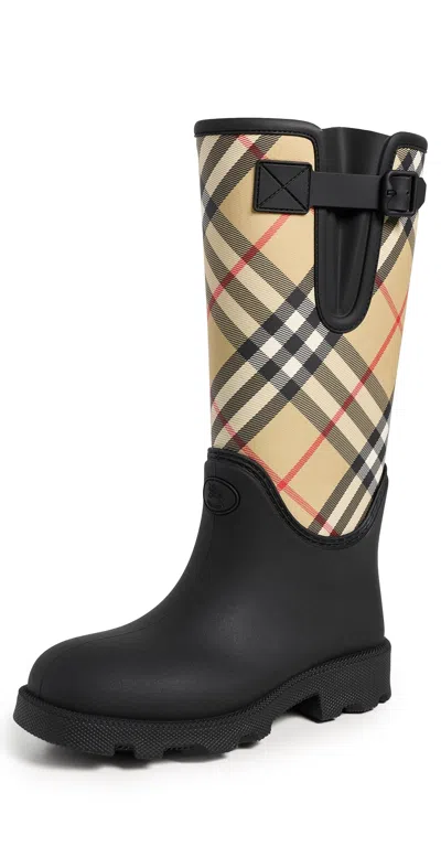 Burberry Woven Check Rain Boots With Adjustable Buckle And Equestrian Design In Black