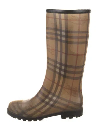 Pre-owned Burberry Rubber Plaid Print Rain Boots In Brown
