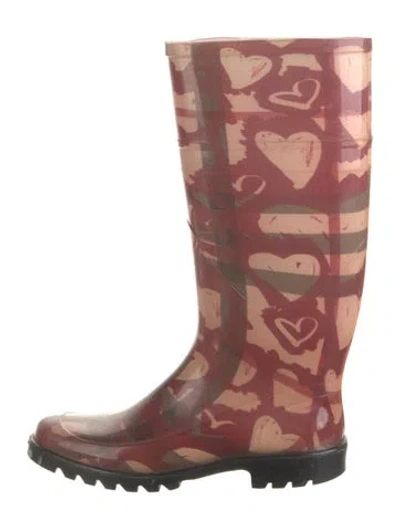 Pre-owned Burberry Rubber Printed Rain Boots In Burgundy