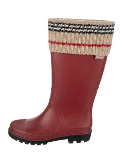 Pre-owned Burberry Rubber Striped Rain Boots In Burgundy