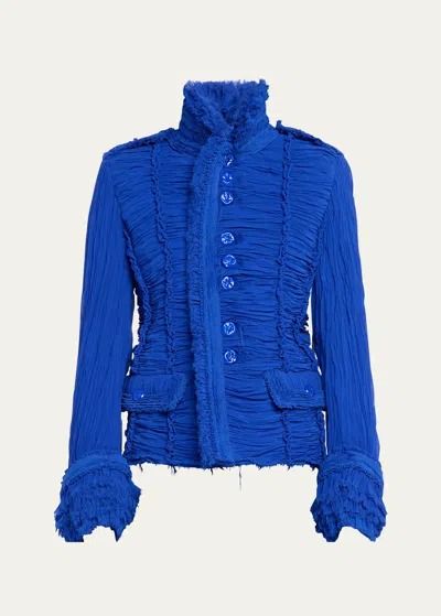 Burberry Ruched Stand-collar Asymmetric Jacket In Blue