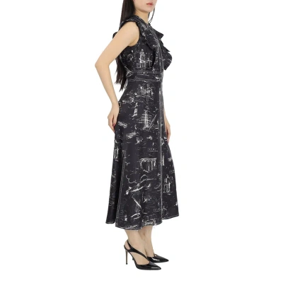 Burberry Ruffle Detail Landmark Print Silk Dress In Black