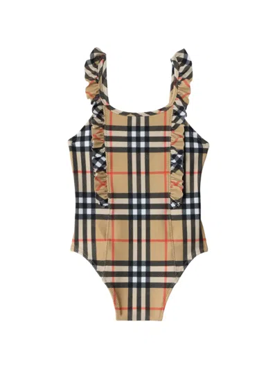 Burberry Babies' Ruffle Trim Check Swimsuit In Multi